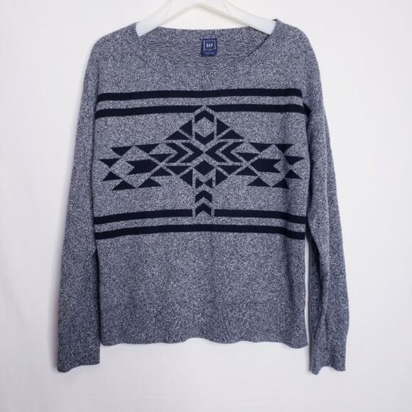 Gap Gray Knit Merino Wool Blend Aztec Southwestern Sweater Women's Size Medium - Picture 9 of 9